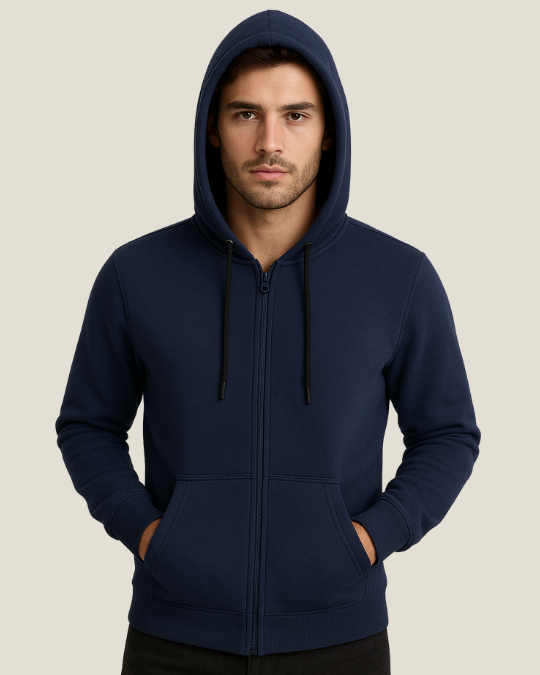 Blusa Moletom felpado 3 cabos aberta canguru com capuz adulto Azul Marinho - Imagem 2